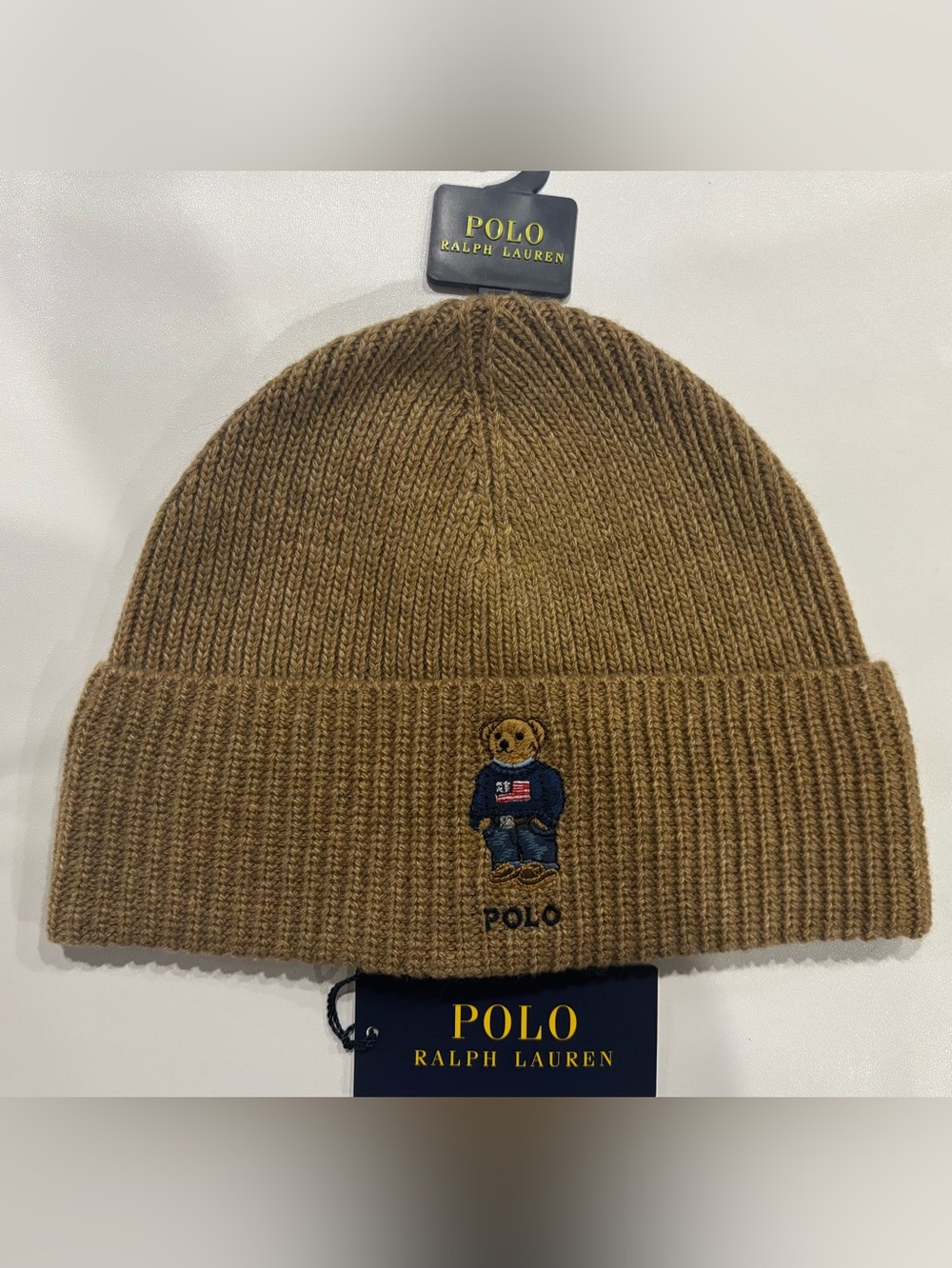 Ralph Lauren Tan Polo Bear Knit Cuff Beanie